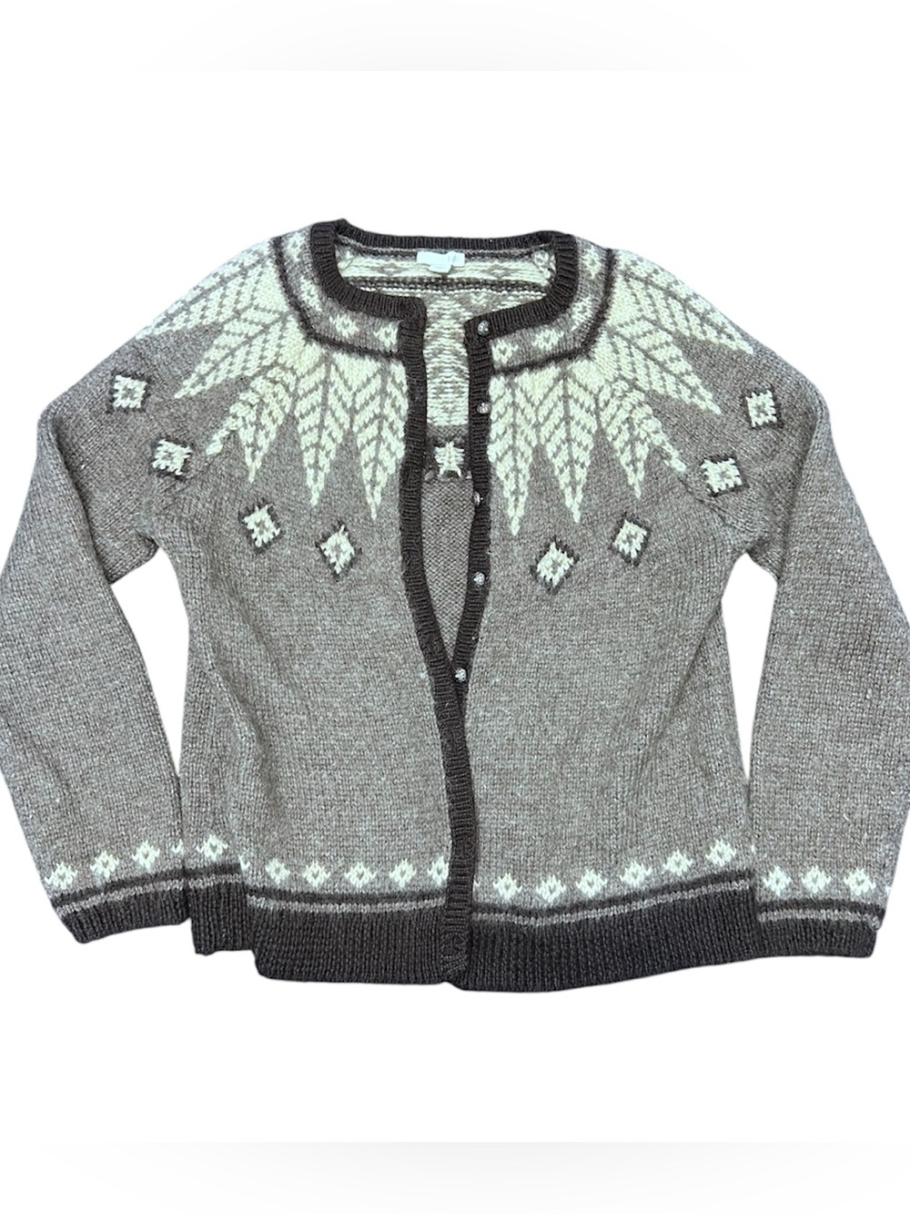 J. Jill Fair Isle Brown and Cream Cardigan Sweater S Wool Blend